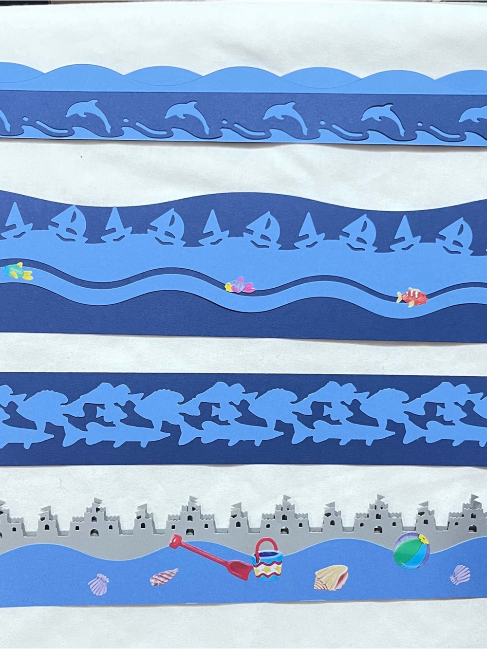 Nautical Beach Border Trim with Dolphins, Sailboats and Sandcastle Motifs